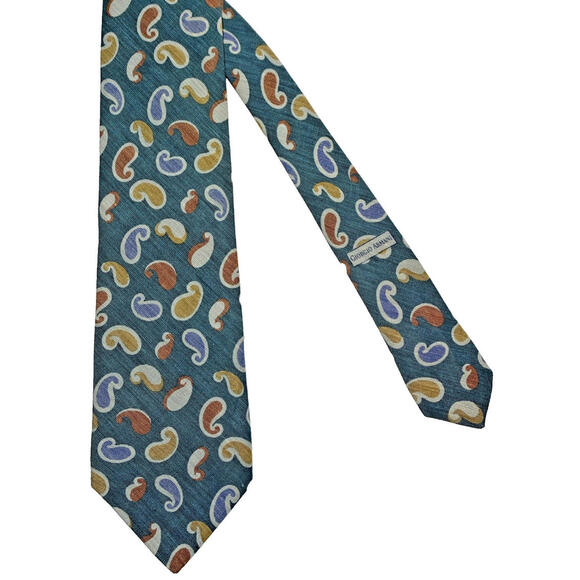 Vintage Giorgio Armani Silk Neck Tie Made In Italy Green Paisley Pattern - Picture 1 of 5